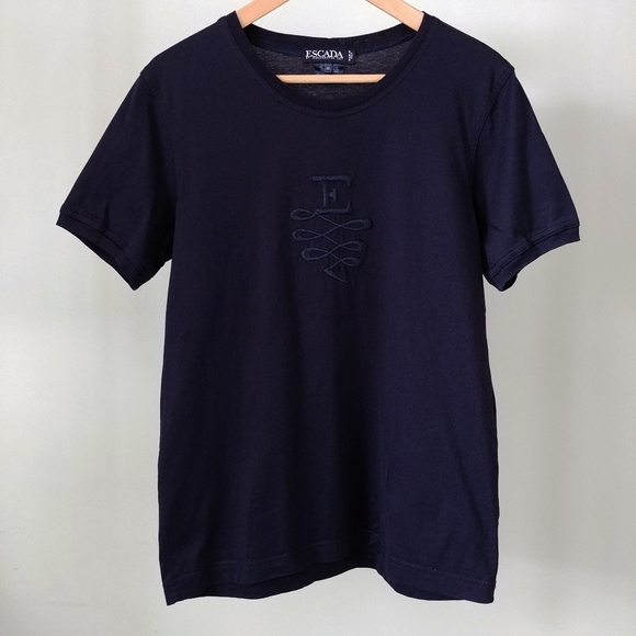 ESCADA Embroidered Dark Blue Cotton T-shirt Size Small Crewneck Top - Picture 4 of 12